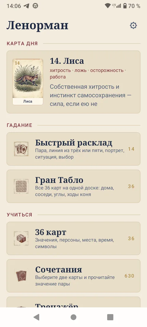 Ленорман — Карта дня и разделы